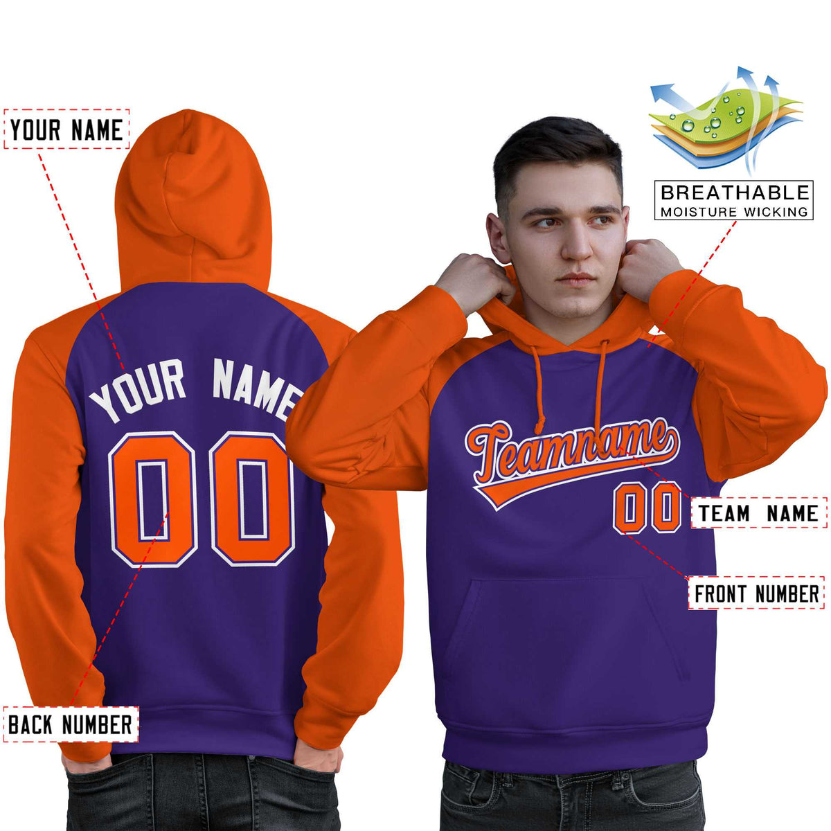 Custom Stitched Purple Orange Raglan Sleeves Sports Pullover Sweatshirt Hoodie For Men| KXKSHOP