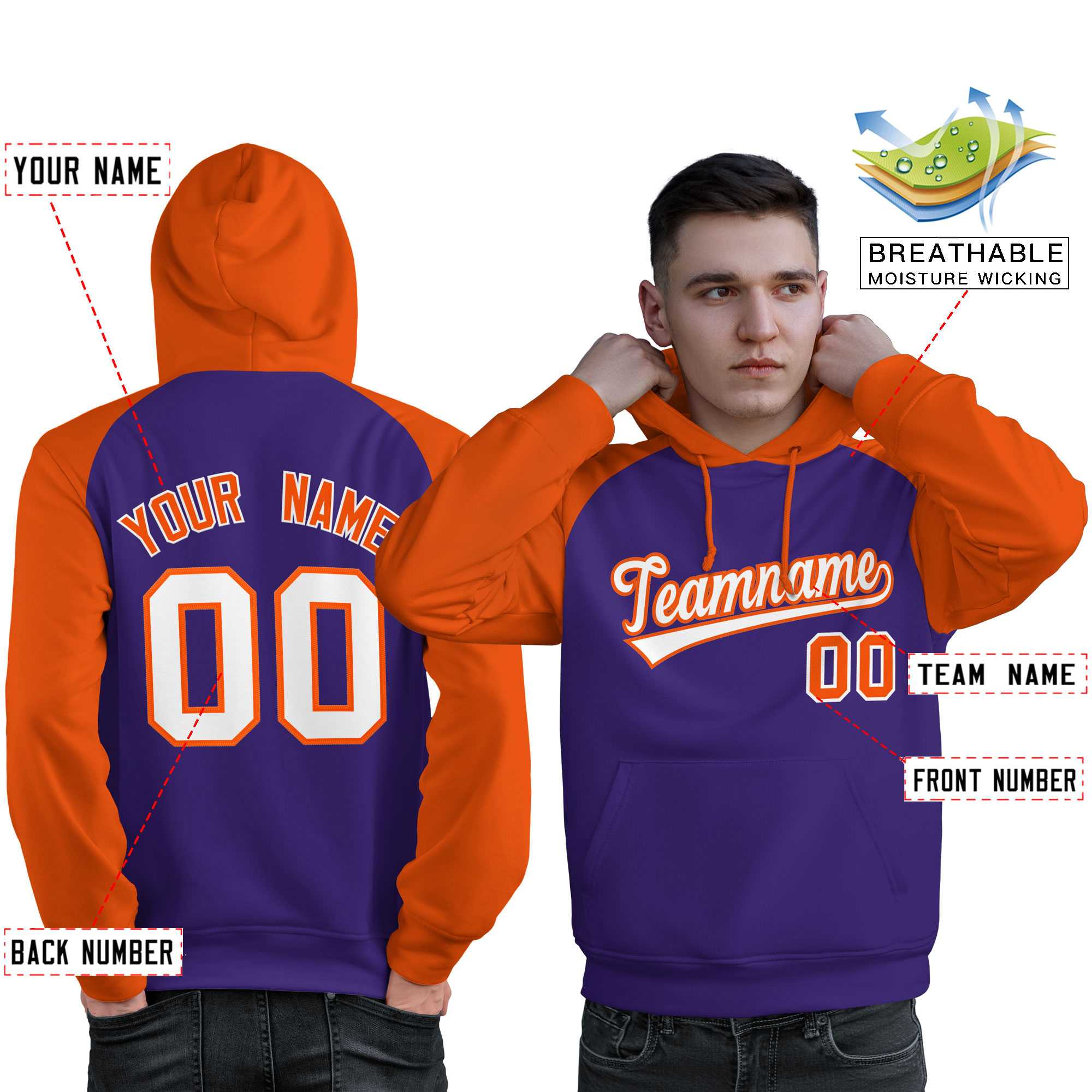 Custom Stitched Purple Orange-White Raglan Sleeves Sports Pullover Sweatshirt Hoodie For Men| KXKSHOP