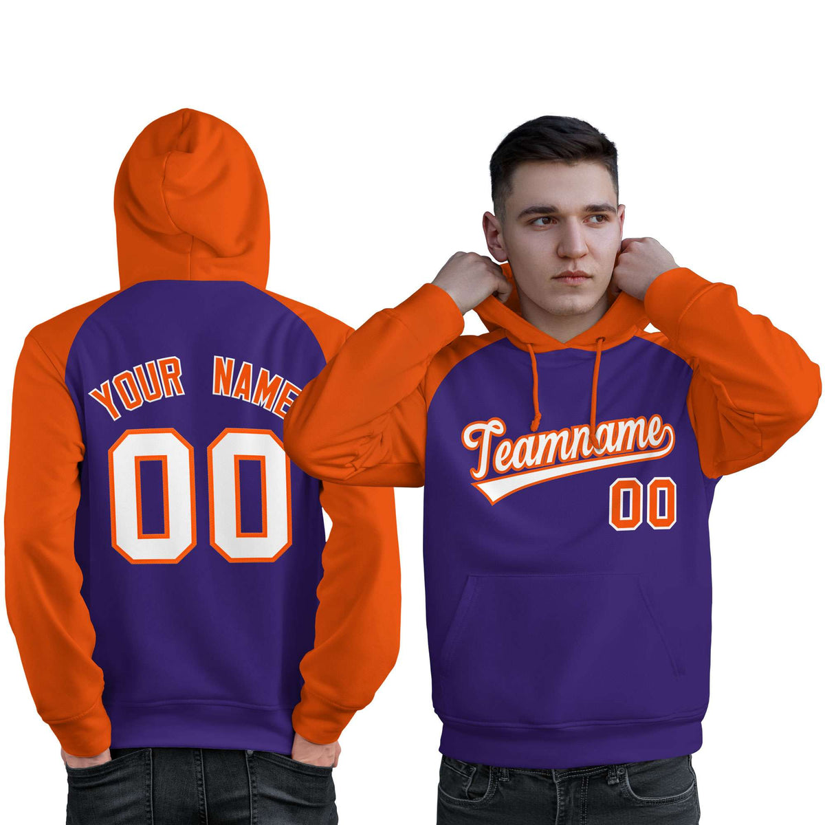 Custom Stitched Purple Orange-White Raglan Sleeves Sports Pullover Sweatshirt Hoodie For Men| KXKSHOP