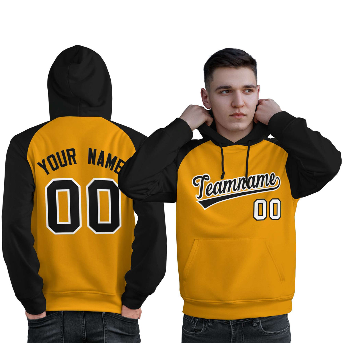 Custom Stitched Gold Black Raglan Sleeves Sports Pullover Sweatshirt Hoodie For Men| KXKSHOP