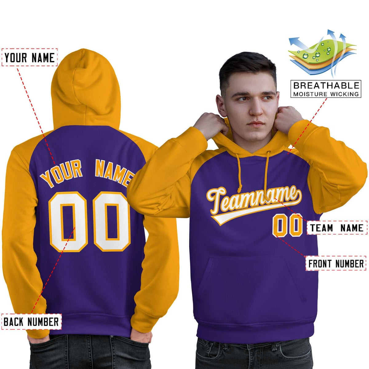 Custom Stitched Purple Gold-White Raglan Sleeves Sports Pullover Sweatshirt Hoodie For Men| KXKSHOP