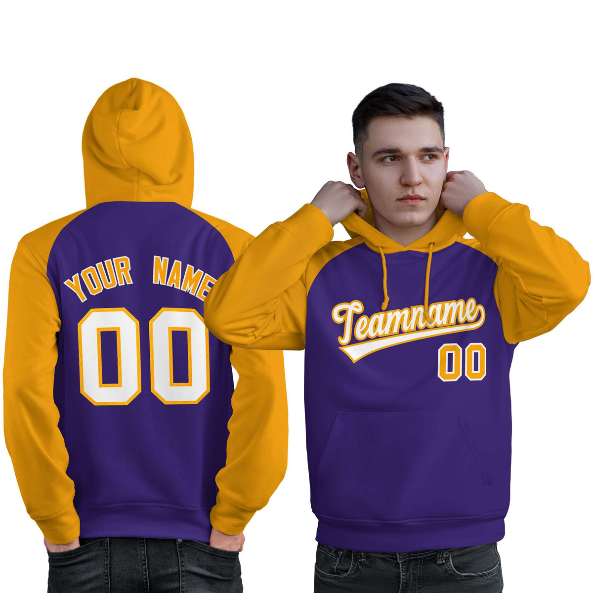 Custom Stitched Purple Gold-White Raglan Sleeves Sports Pullover Sweatshirt Hoodie For Men| KXKSHOP