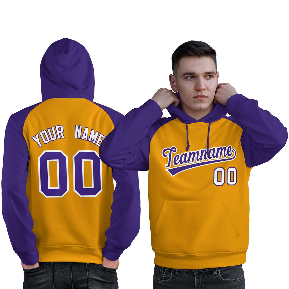 Custom Stitched Gold Purple Raglan Sleeves Sports Pullover Sweatshirt Hoodie For Men| KXKSHOP
