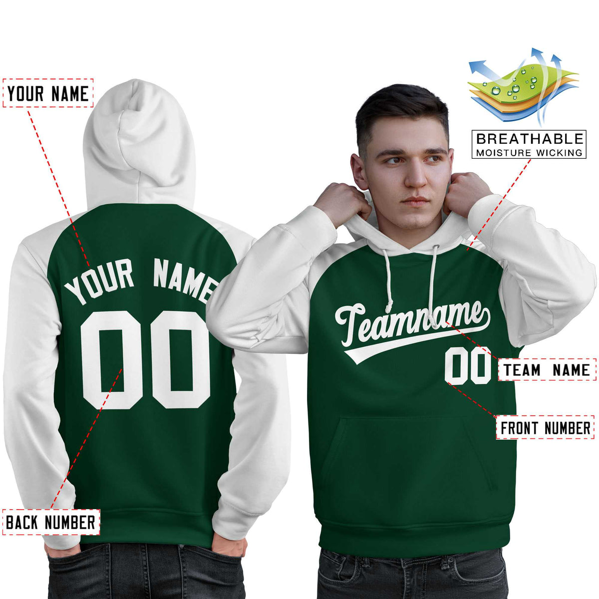 Custom Stitched Green White Raglan Sleeves Sports Pullover Sweatshirt Hoodie For Men| KXKSHOP