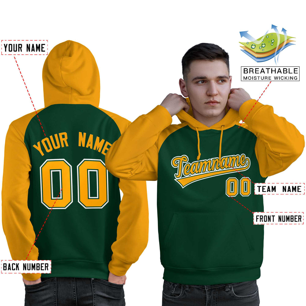 Custom Stitched Green Gold Raglan Sleeves Sports Pullover Sweatshirt Hoodie For Men| KXKSHOP