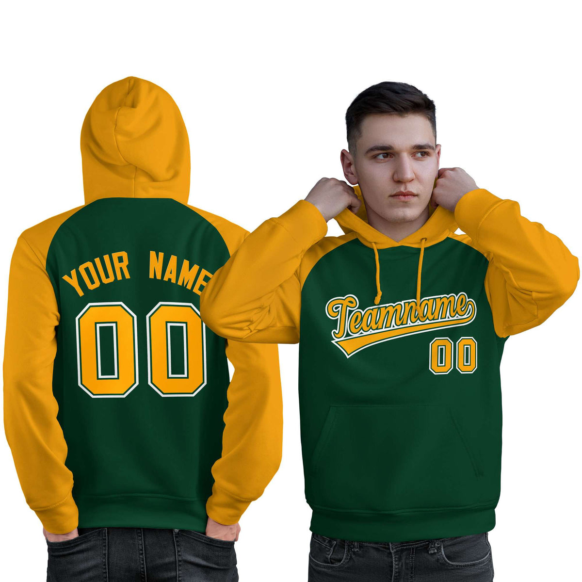 Custom Stitched Green Gold Raglan Sleeves Sports Pullover Sweatshirt Hoodie For Men| KXKSHOP