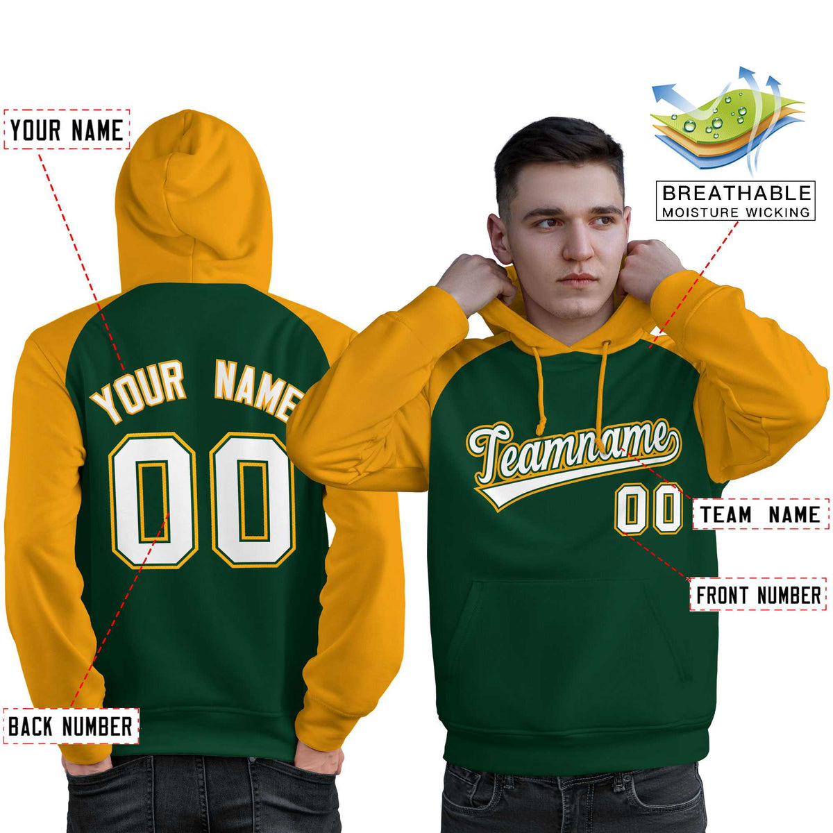 Custom Stitched Green Gold-White Raglan Sleeves Sports Pullover Sweatshirt Hoodie For Men| KXKSHOP