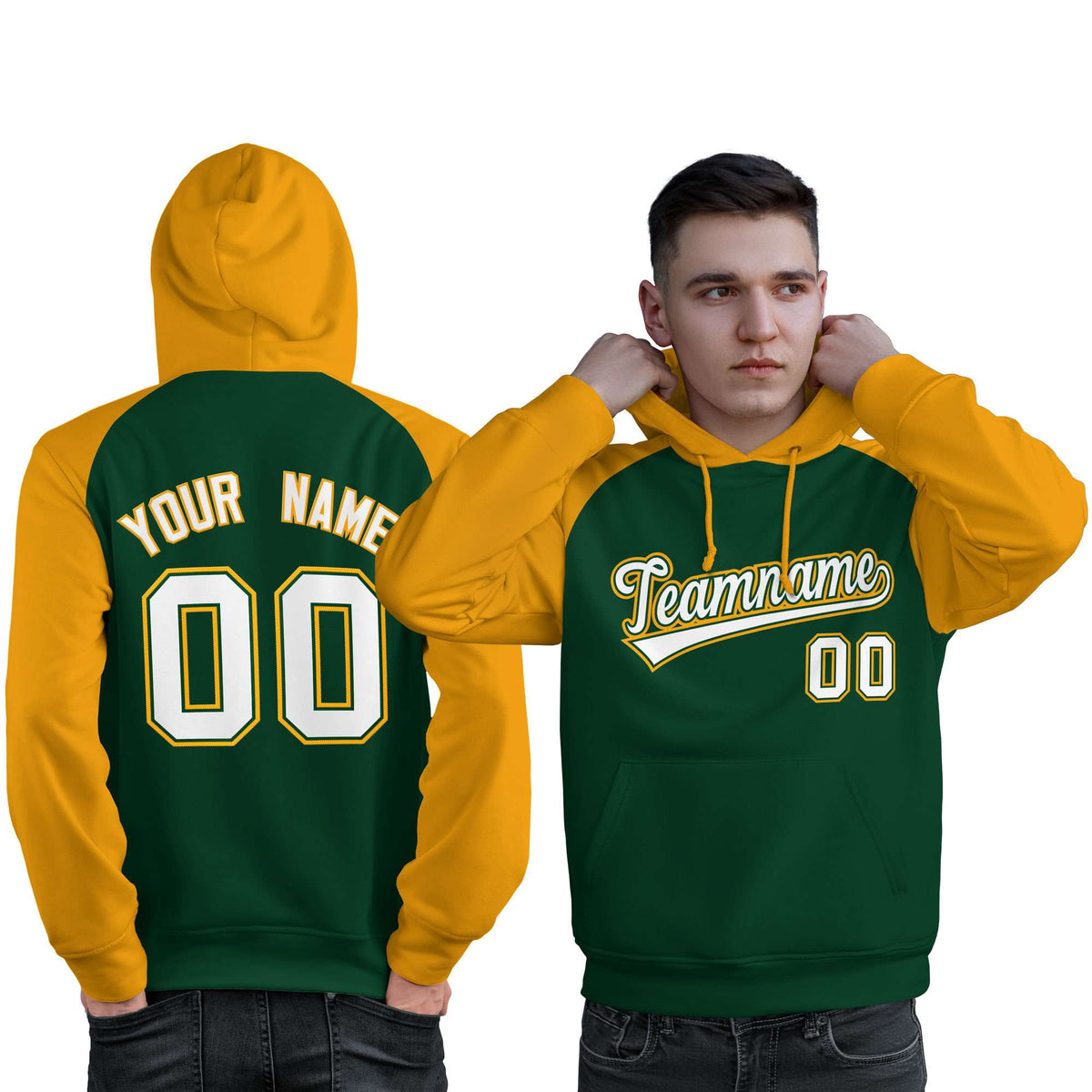 Custom Stitched Green Gold-White Raglan Sleeves Sports Pullover Sweatshirt Hoodie For Men| KXKSHOP