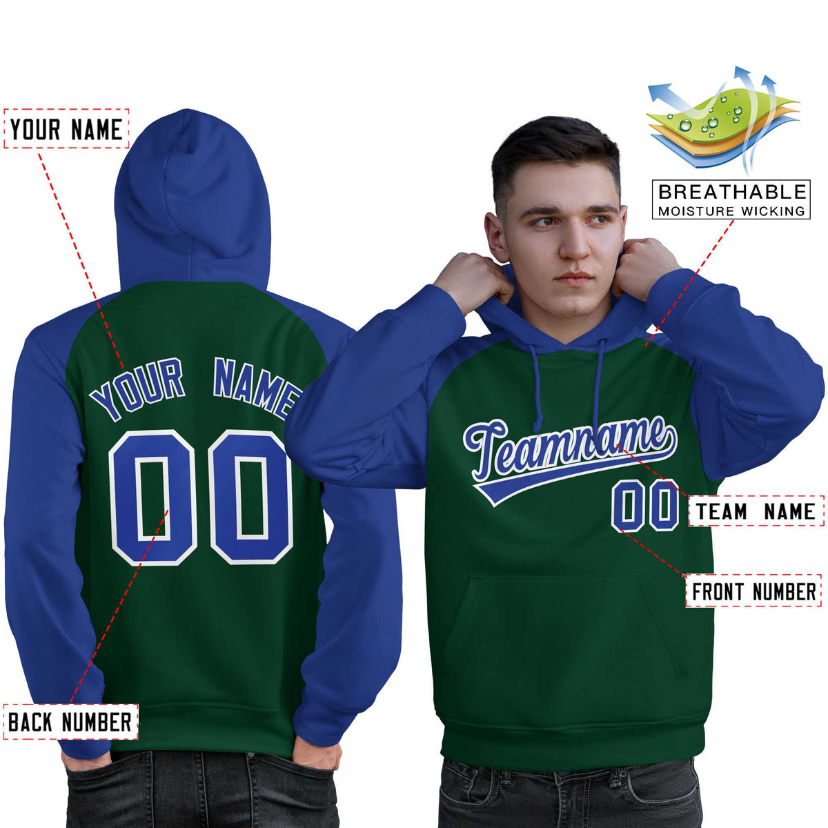 Custom Stitched Green Royal Raglan Sleeves Sports Pullover Sweatshirt Hoodie For Men| KXKSHOP