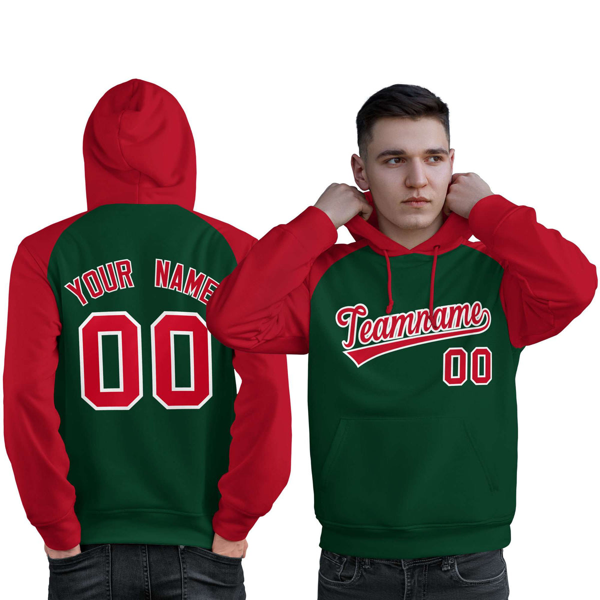 Custom Stitched Green Red Raglan Sleeves Sports Pullover Sweatshirt Hoodie For Men| KXKSHOP