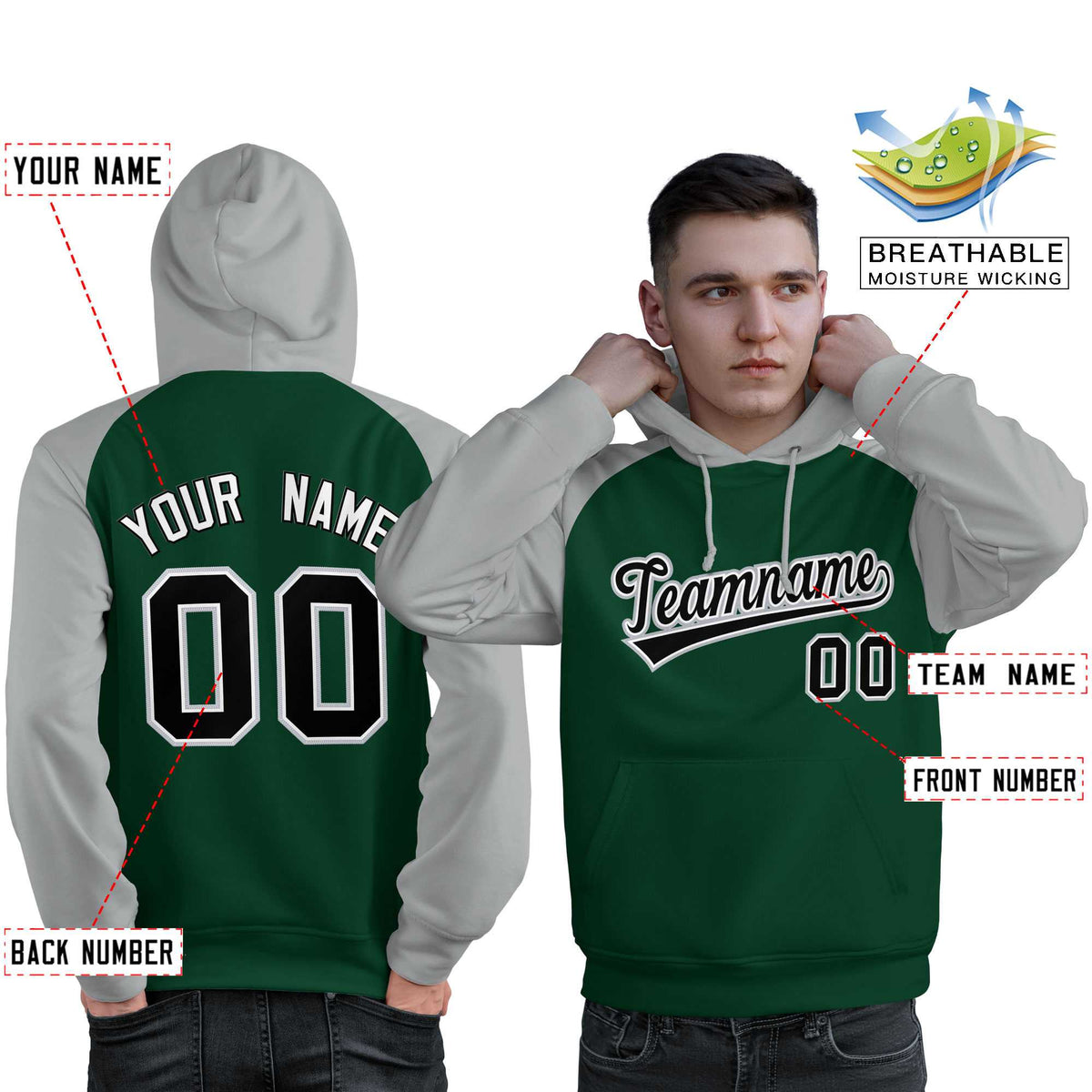 Custom Stitched Green Gray-Black Raglan Sleeves Sports Pullover Sweatshirt Hoodie For Men| KXKSHOP