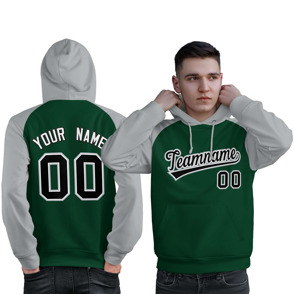 Custom Stitched Green Gray-Black Raglan Sleeves Sports Pullover Sweatshirt Hoodie For Men| KXKSHOP
