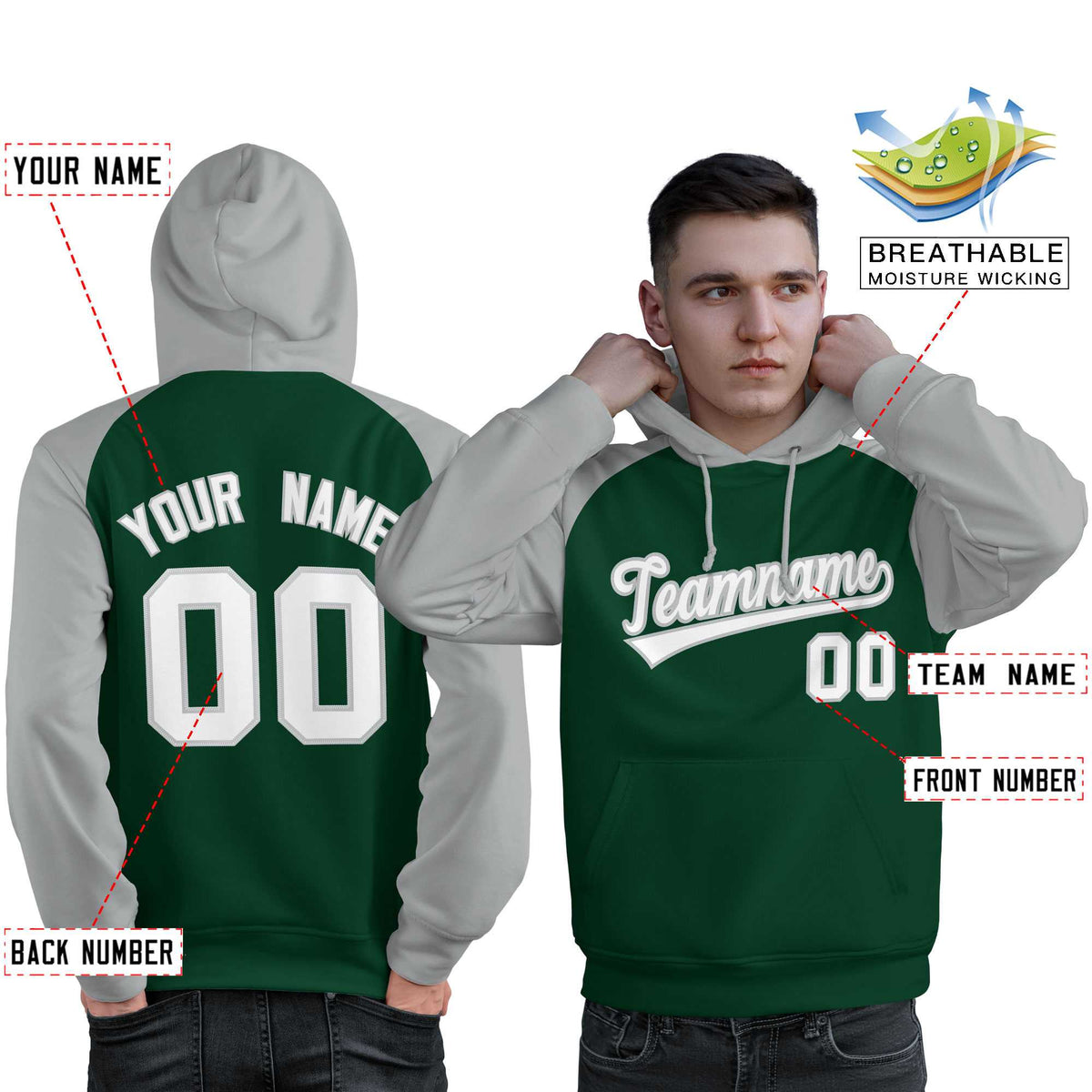 Custom Stitched Green Gray-White Raglan Sleeves Sports Pullover Sweatshirt Hoodie For Men| KXKSHOP