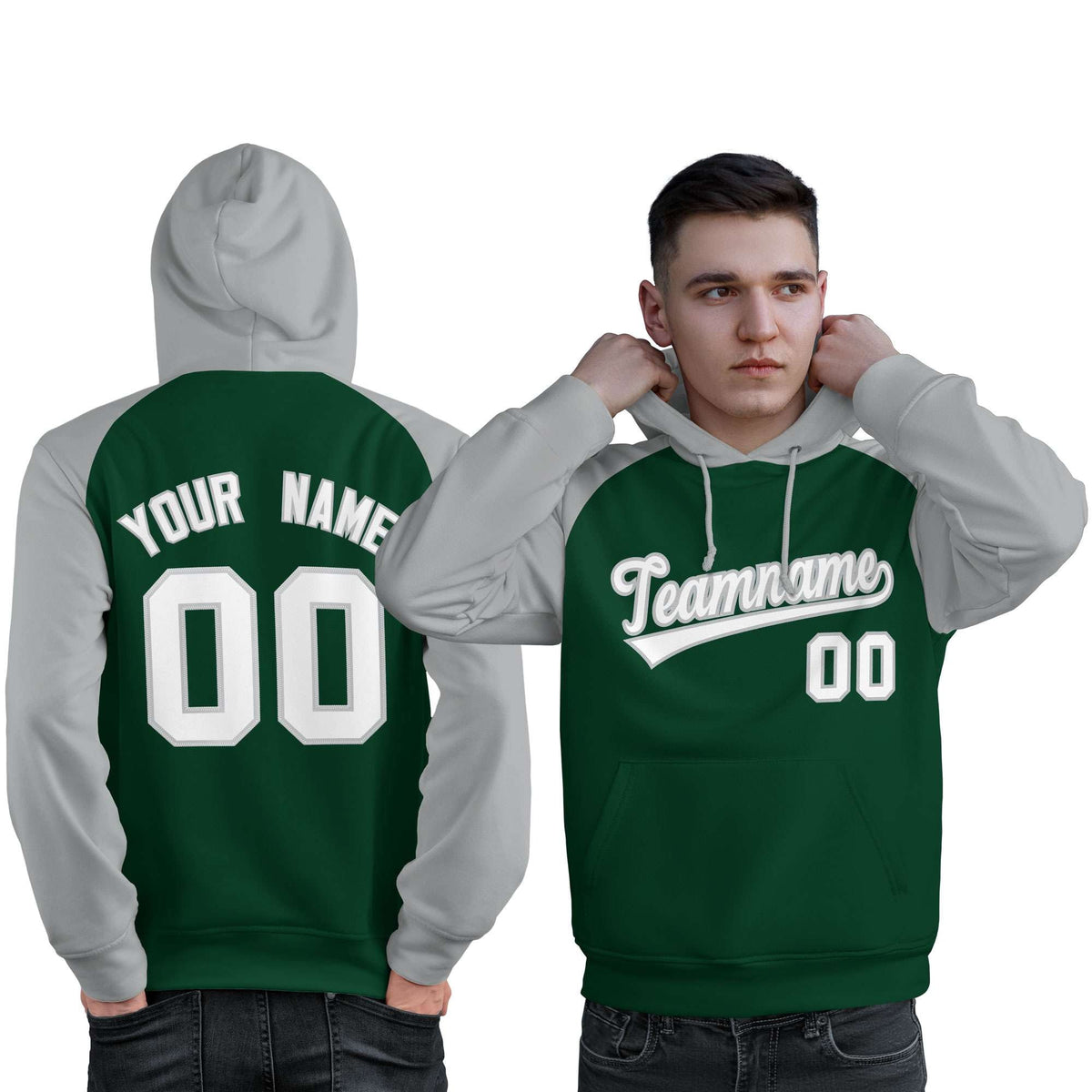 Custom Stitched Green Gray-White Raglan Sleeves Sports Pullover Sweatshirt Hoodie For Men| KXKSHOP