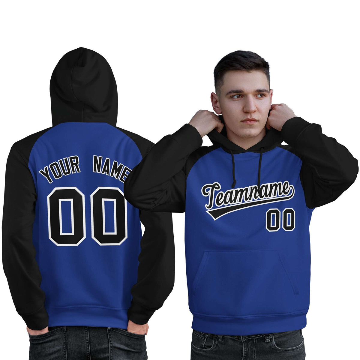 Custom Stitched Royal Black Raglan Sleeves Sports Pullover Sweatshirt Hoodie For Men| KXKSHOP
