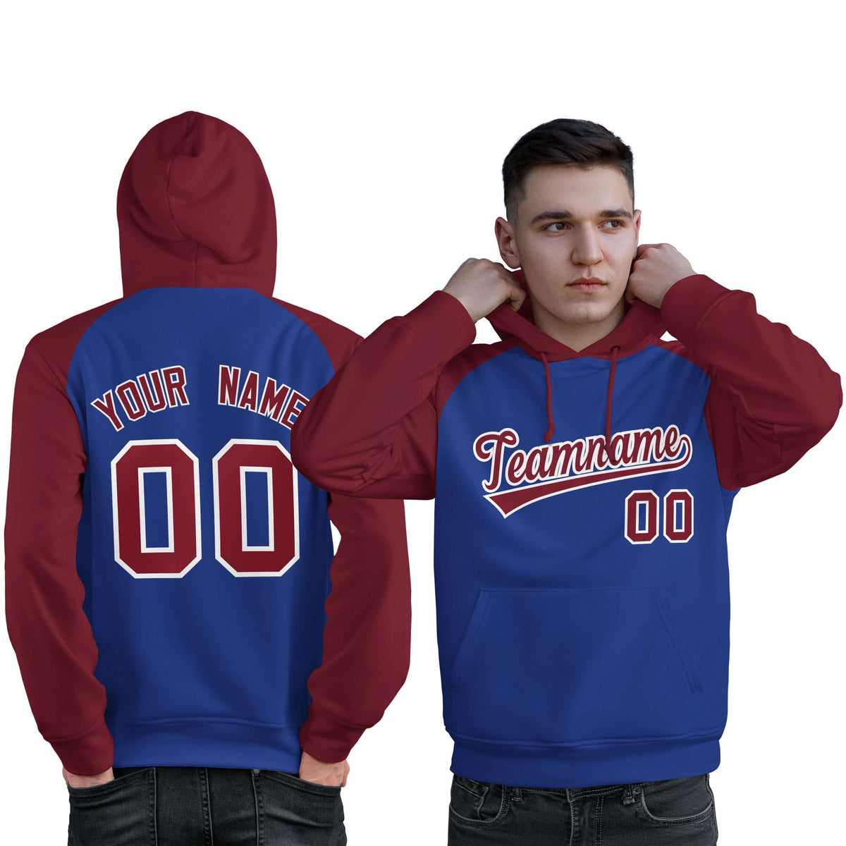 Custom Stitched Royal Crimson Raglan Sleeves Sports Pullover Sweatshirt Hoodie For Men| KXKSHOP