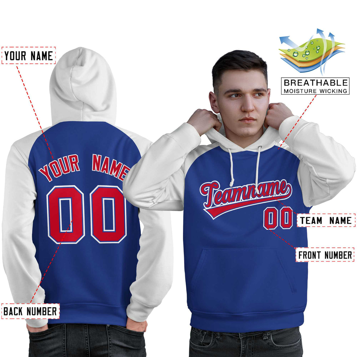 Custom Stitched Royal White-Red Raglan Sleeves Sports Pullover Sweatshirt Hoodie For Men| KXKSHOP