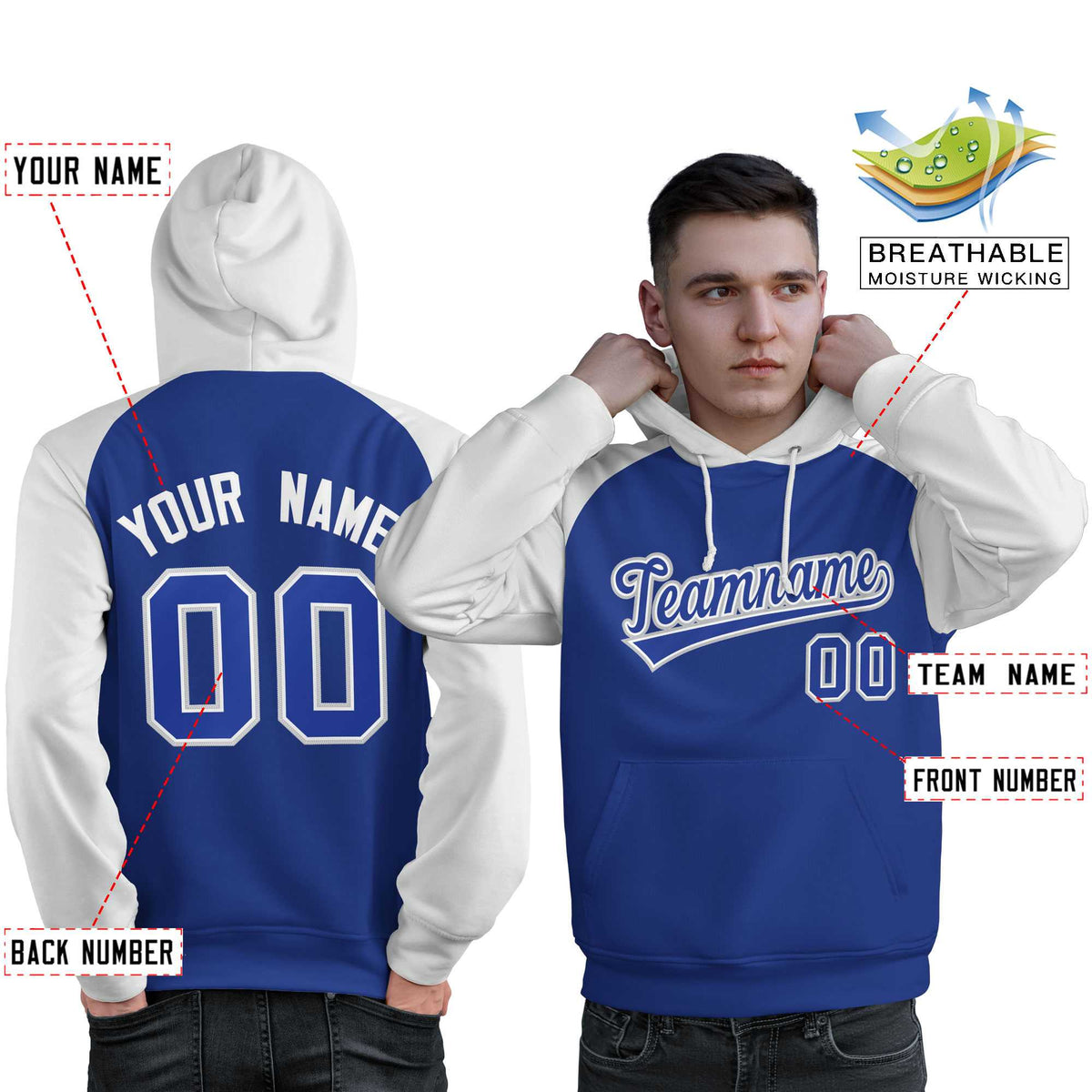 Custom Stitched Royal White Raglan Sleeves Sports Pullover Sweatshirt Hoodie For Men| KXKSHOP