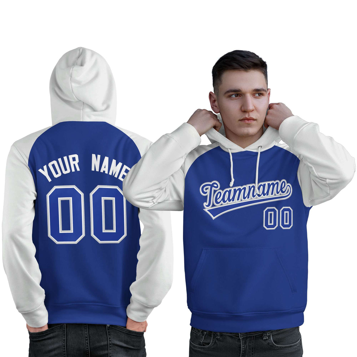 Custom Stitched Royal White Raglan Sleeves Sports Pullover Sweatshirt Hoodie For Men| KXKSHOP