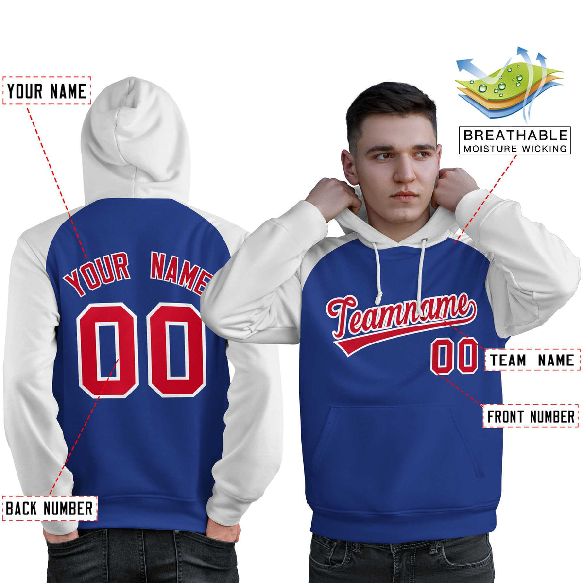 Custom Stitched Royal White-Red Raglan Sleeves Sports Pullover Sweatshirt Hoodie For Men| KXKSHOP