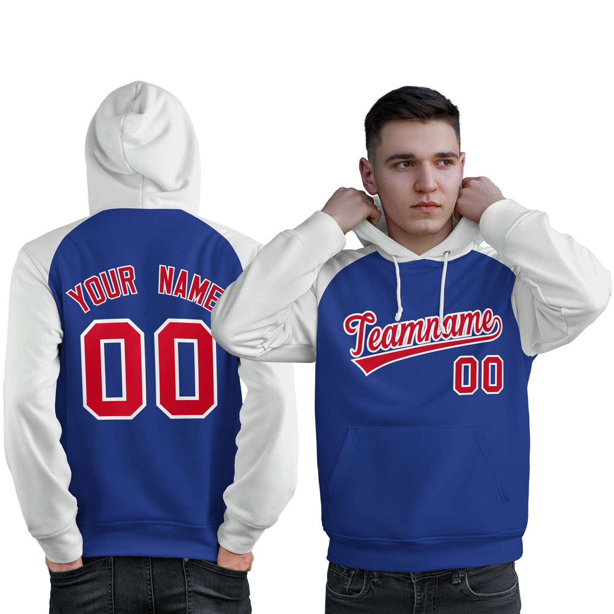Custom Stitched Royal White-Red Raglan Sleeves Sports Pullover Sweatshirt Hoodie For Men| KXKSHOP