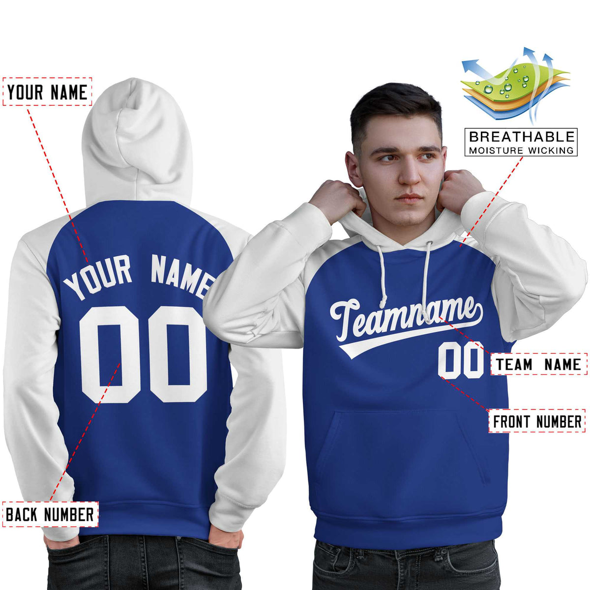 Custom Stitched Royal White Raglan Sleeves Sports Pullover Sweatshirt Hoodie For Men| KXKSHOP