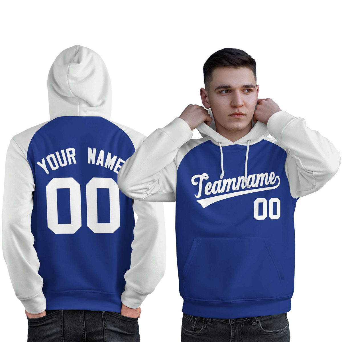 Custom Stitched Royal White Raglan Sleeves Sports Pullover Sweatshirt Hoodie For Men| KXKSHOP