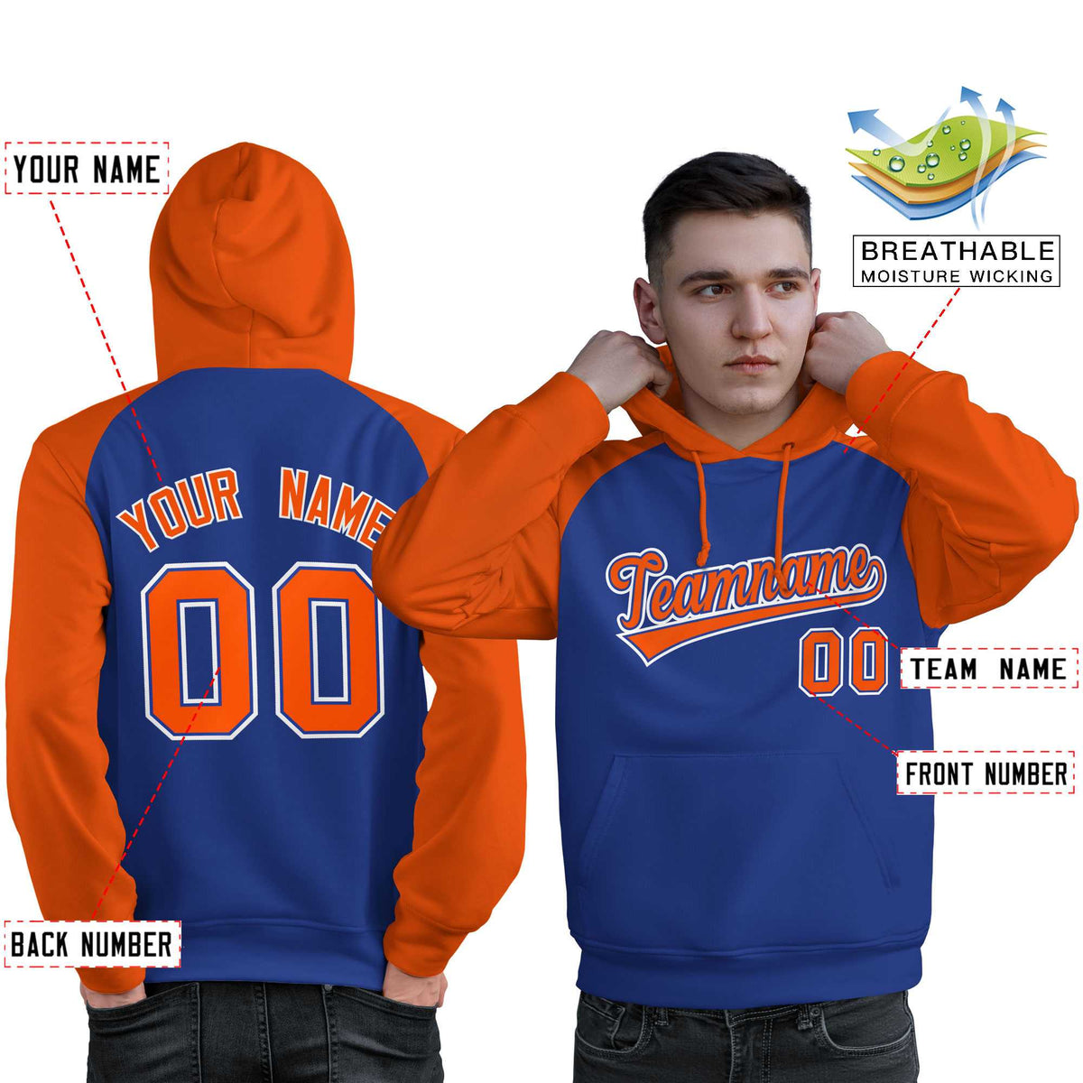 Custom Stitched Royal Orange Raglan Sleeves Sports Pullover Sweatshirt Hoodie For Men| KXKSHOP