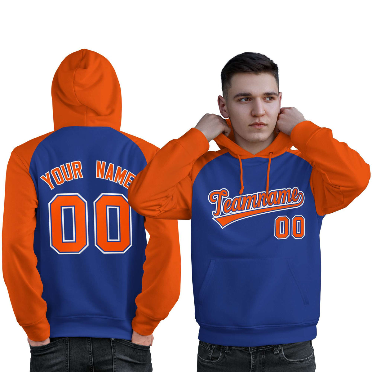 Custom Stitched Royal Orange Raglan Sleeves Sports Pullover Sweatshirt Hoodie For Men| KXKSHOP