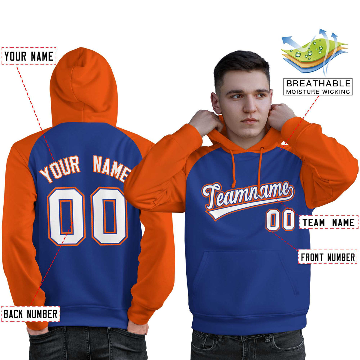 Custom Stitched Royal Orange-White Raglan Sleeves Sports Pullover Sweatshirt Hoodie For Men| KXKSHOP