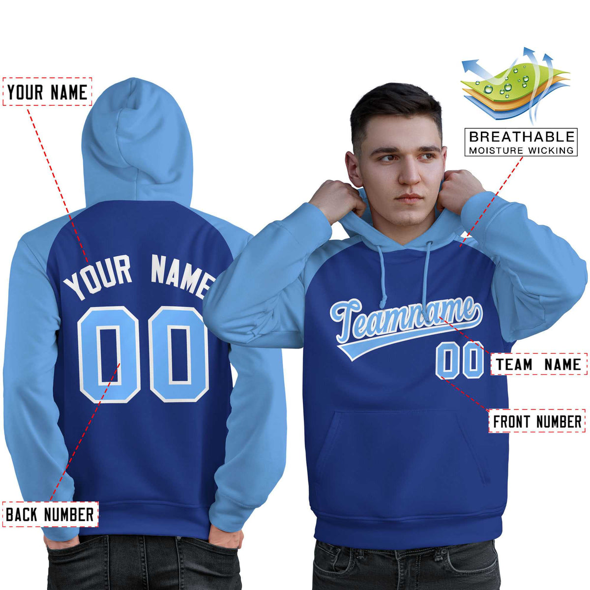 Custom Stitched Royal Powder Blue Raglan Sleeves Sports Pullover Sweatshirt Hoodie For Men| KXKSHOP