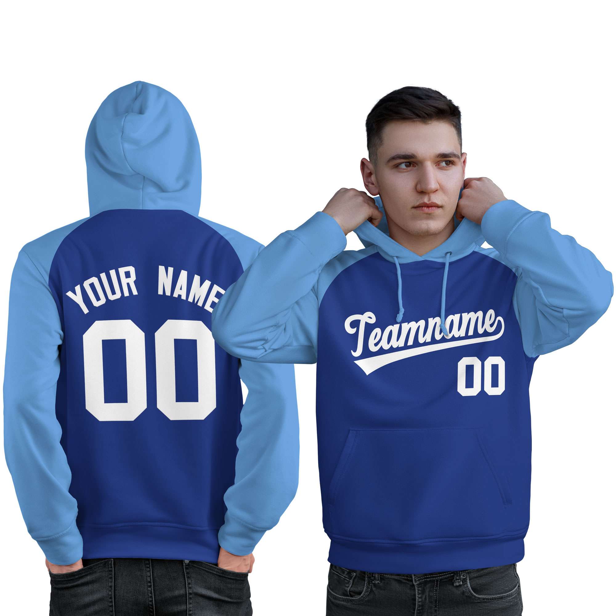 Custom Stitched Royal Powder Blue-White Raglan Sleeves Sports Pullover Sweatshirt Hoodie For Men| KXKSHOP
