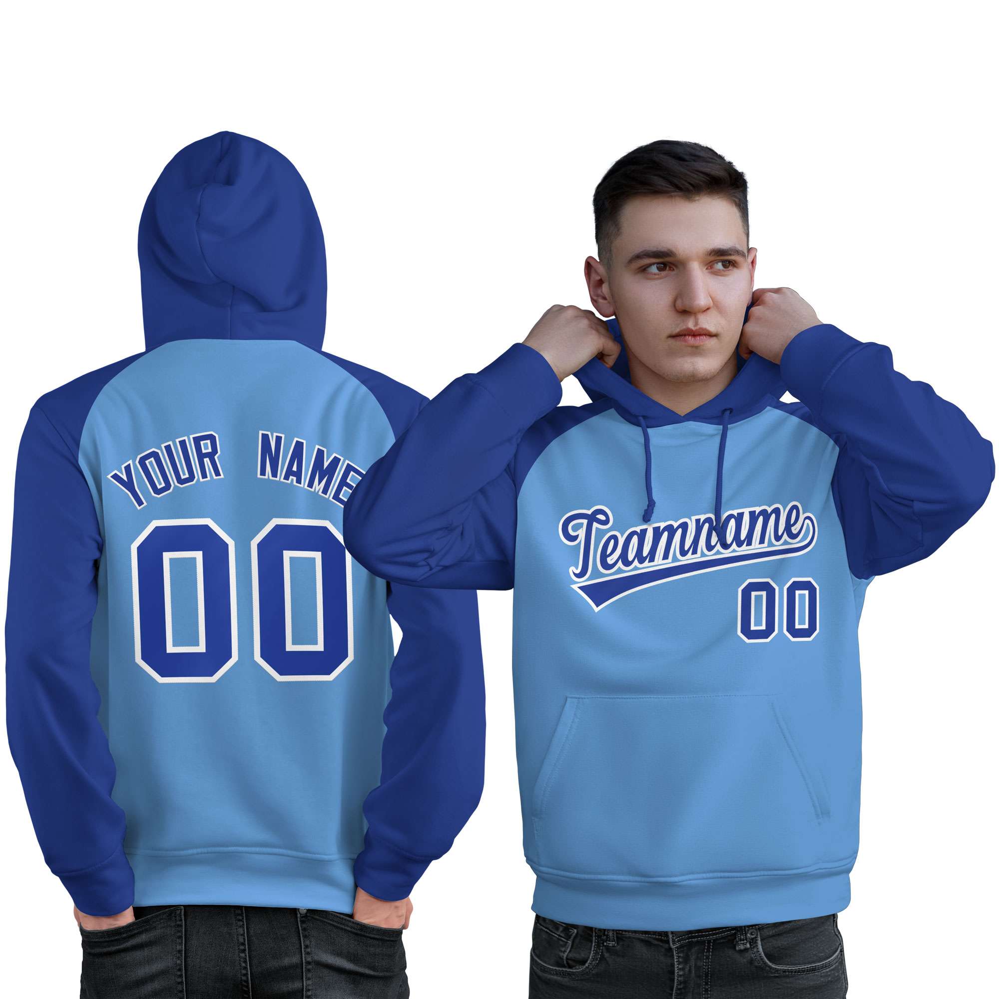 Custom Stitched Powder Blue Royal Raglan Sleeves Sports Pullover Sweatshirt Hoodie For Men| KXKSHOP