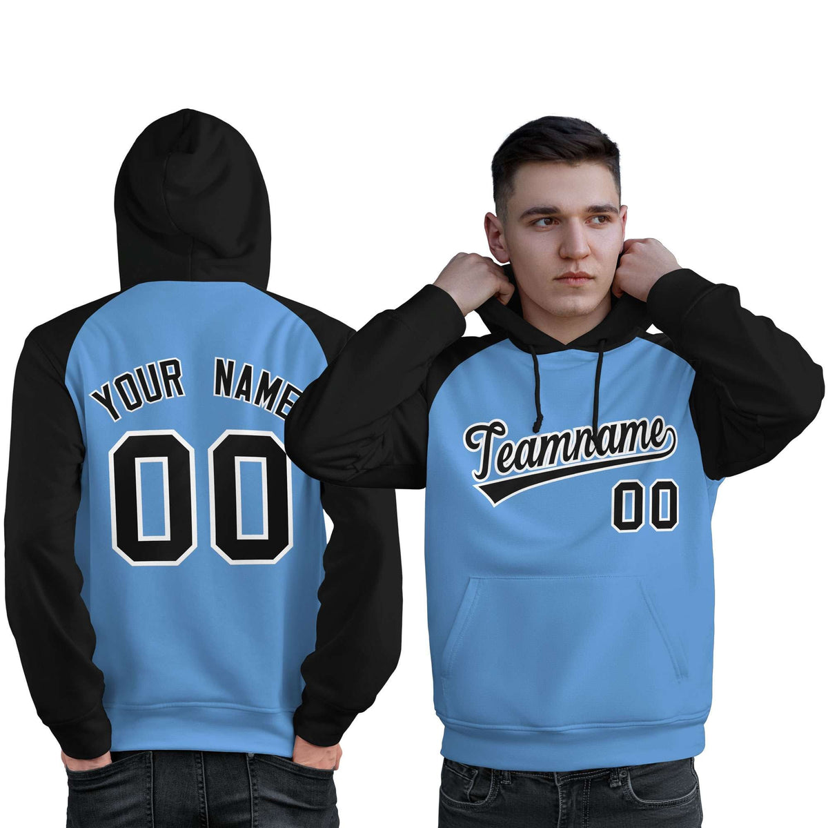 Custom Stitched Powder Blue Black Raglan Sleeves Sports Pullover Sweatshirt Hoodie For Men| KXKSHOP