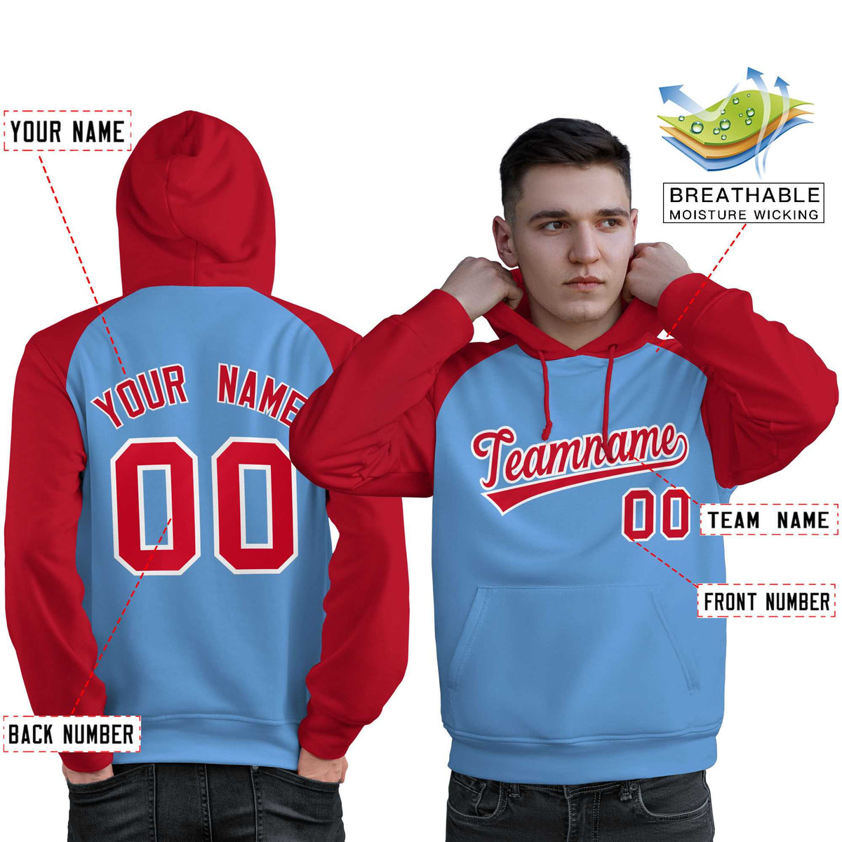 Custom Stitched Powder Blue Red Raglan Sleeves Sports Pullover Sweatshirt Hoodie For Men| KXKSHOP