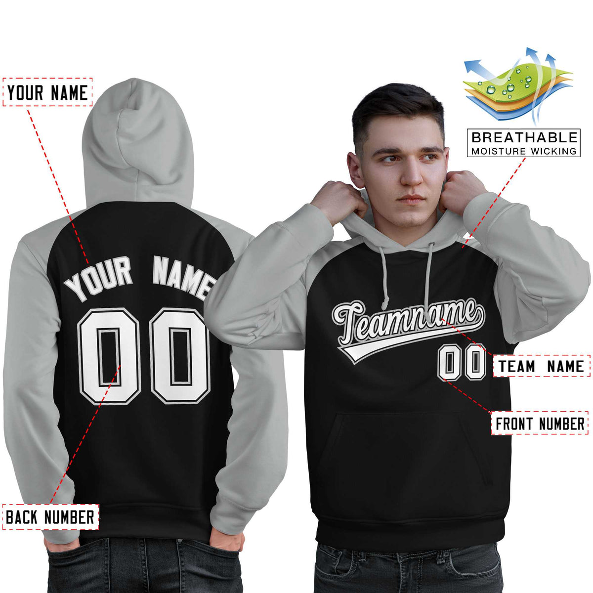 Custom Stitched Black Gray-White Raglan Sleeves Sports Pullover Sweatshirt Hoodie For Men| KXKSHOP