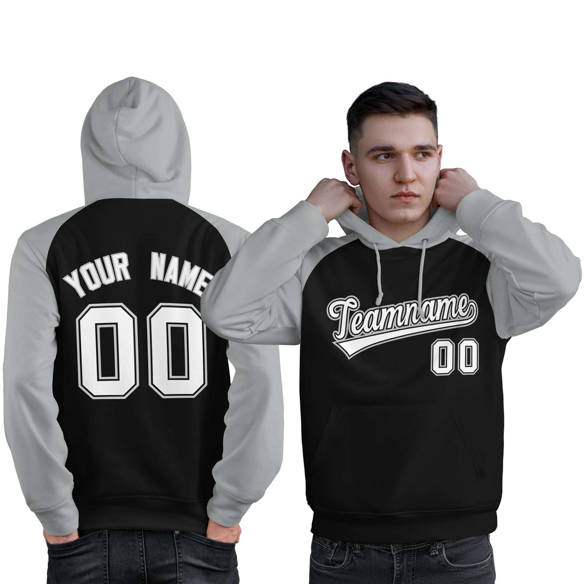 Custom Stitched Black Gray-White Raglan Sleeves Sports Pullover Sweatshirt Hoodie For Men| KXKSHOP