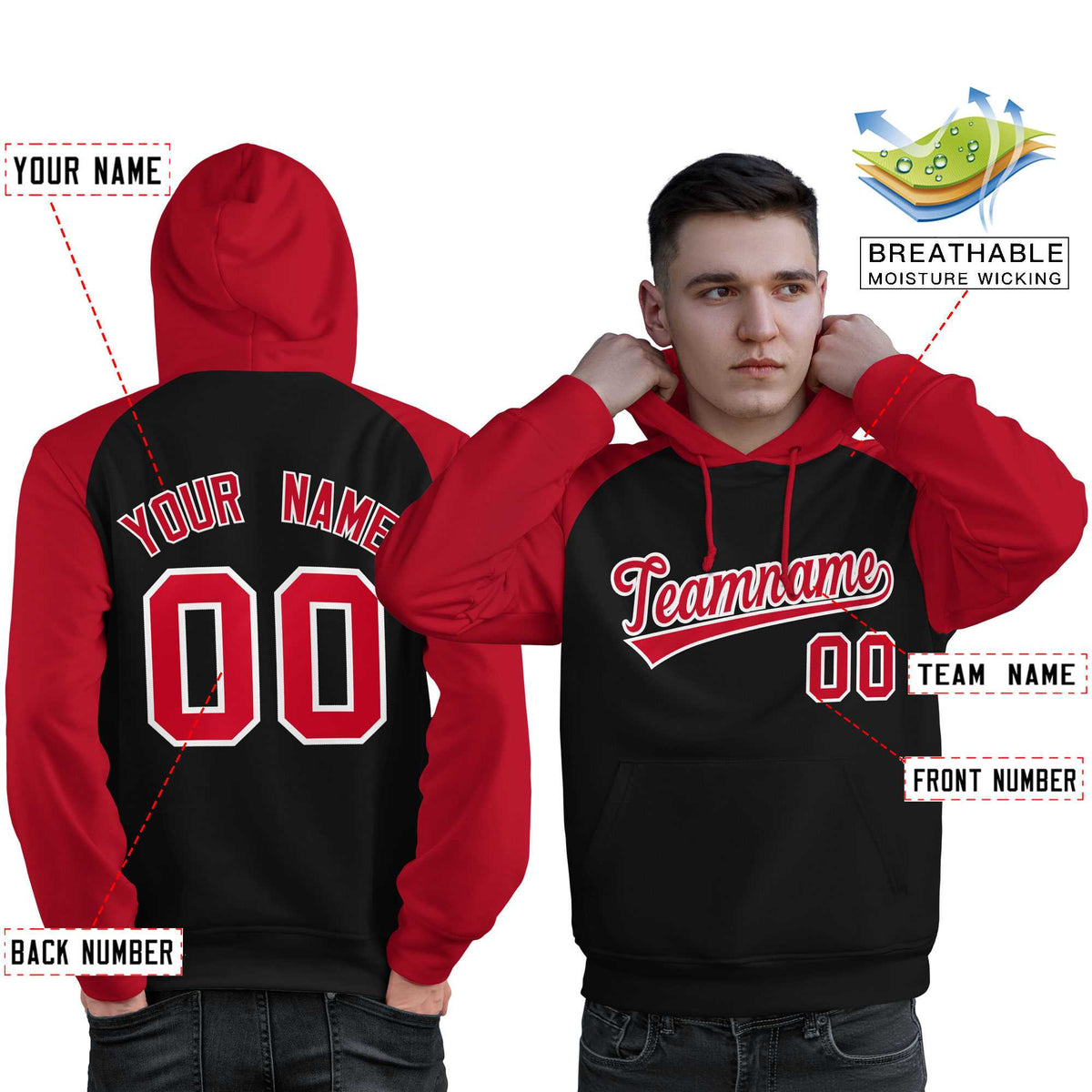 Custom Stitched Black Red Raglan Sleeves Sports Pullover Sweatshirt Hoodie For Men| KXKSHOP