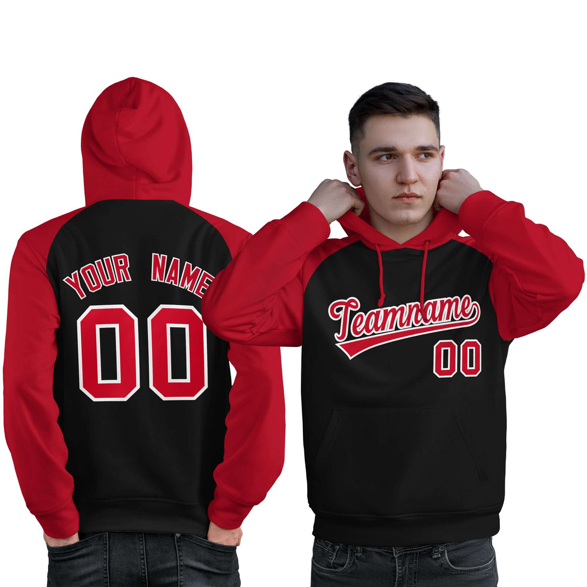 Custom Stitched Black Red Raglan Sleeves Sports Pullover Sweatshirt Hoodie For Men| KXKSHOP