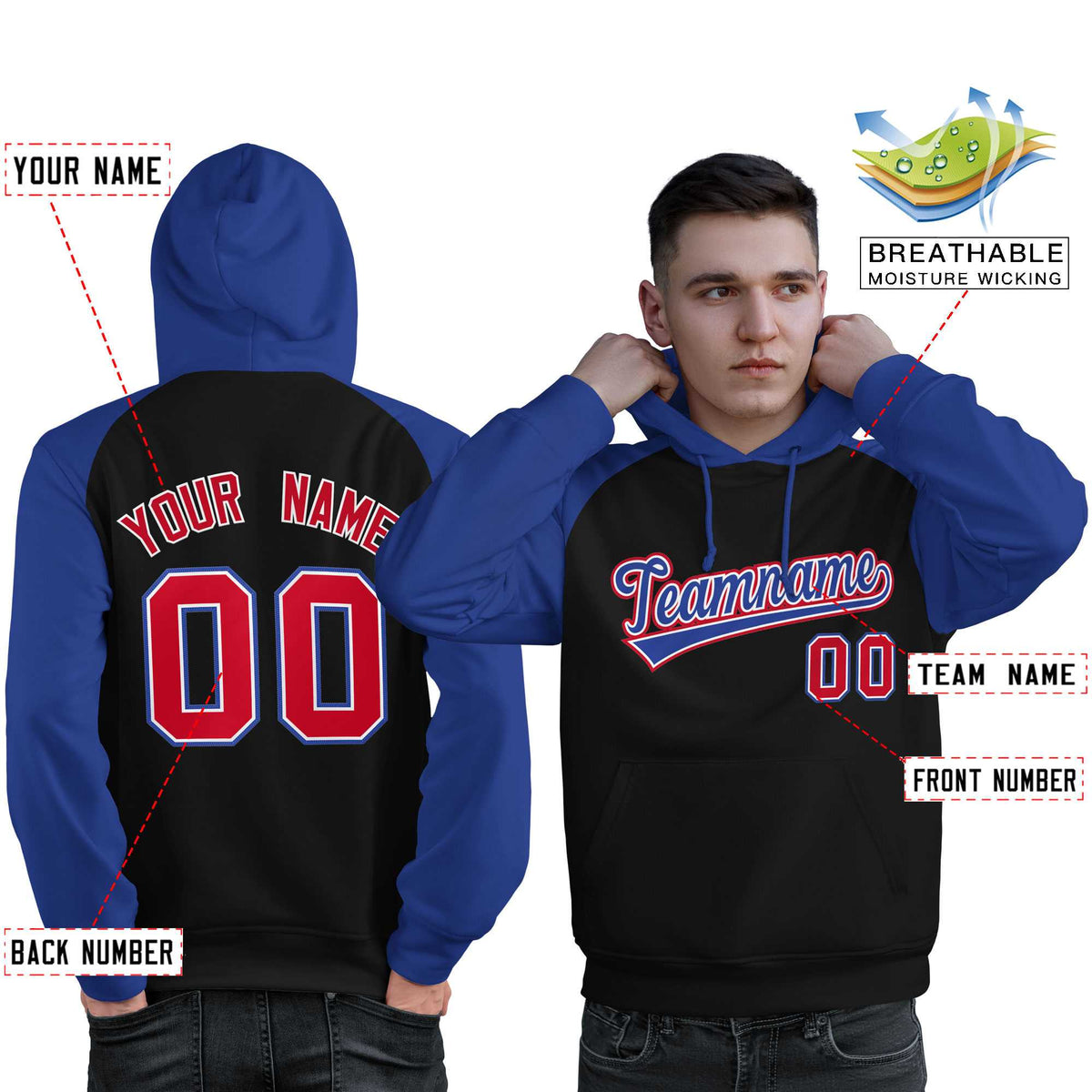 Custom Stitched Black Royal Raglan Sleeves Sports Pullover Sweatshirt Hoodie For Men| KXKSHOP