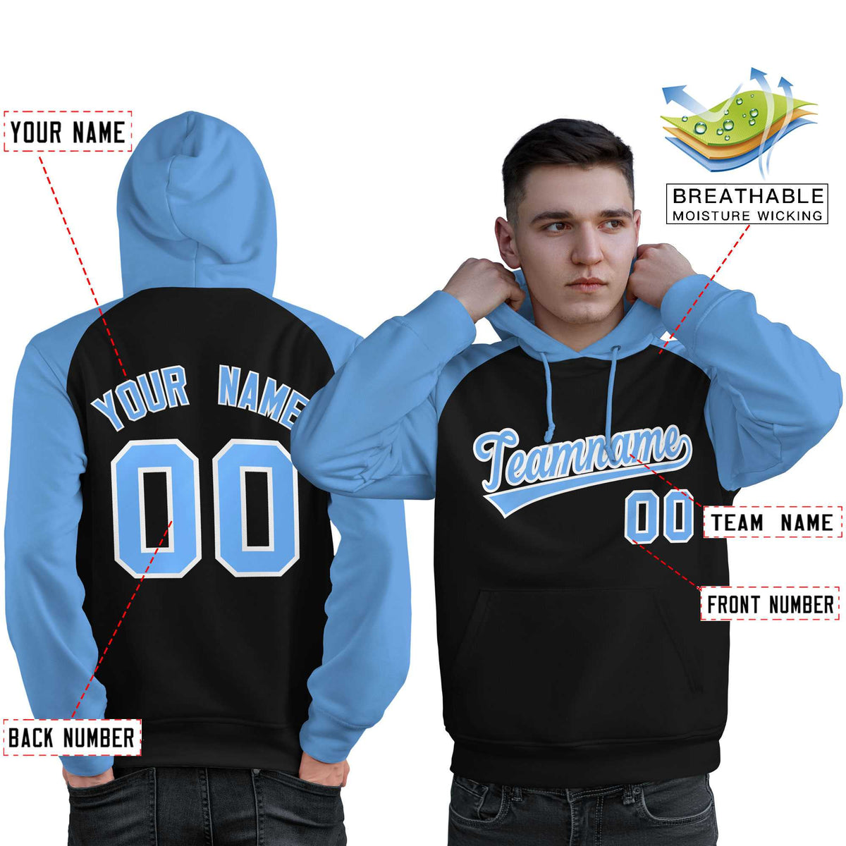 Custom Stitched Black Powder Blue Raglan Sleeves Sports Pullover Sweatshirt Hoodie For Men| KXKSHOP