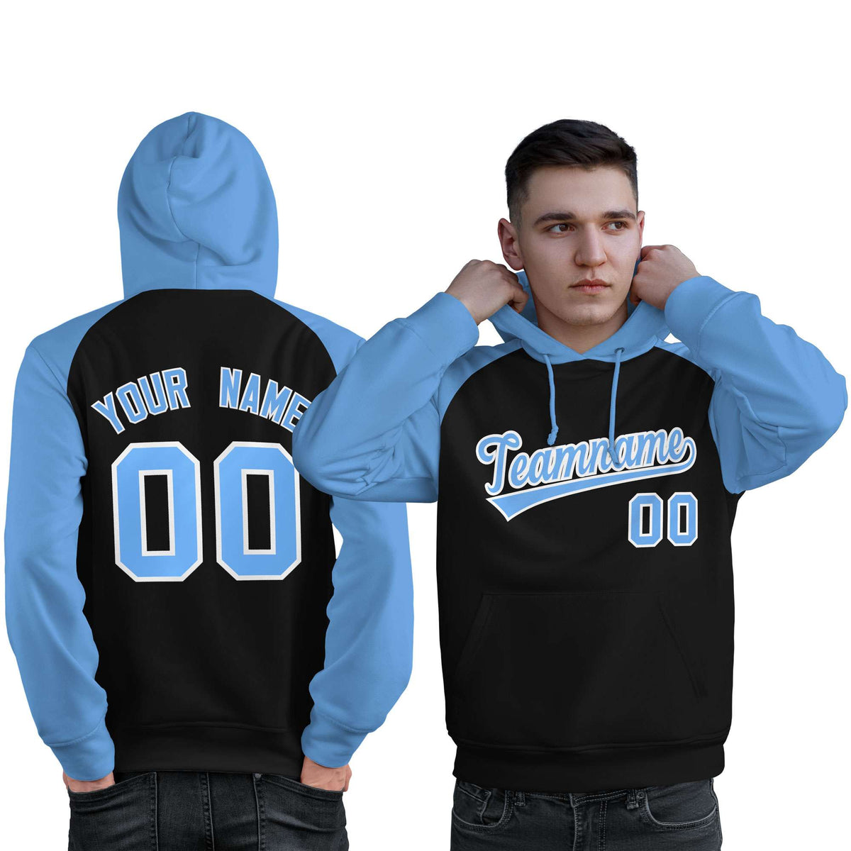 Custom Stitched Black Powder Blue Raglan Sleeves Sports Pullover Sweatshirt Hoodie For Men| KXKSHOP
