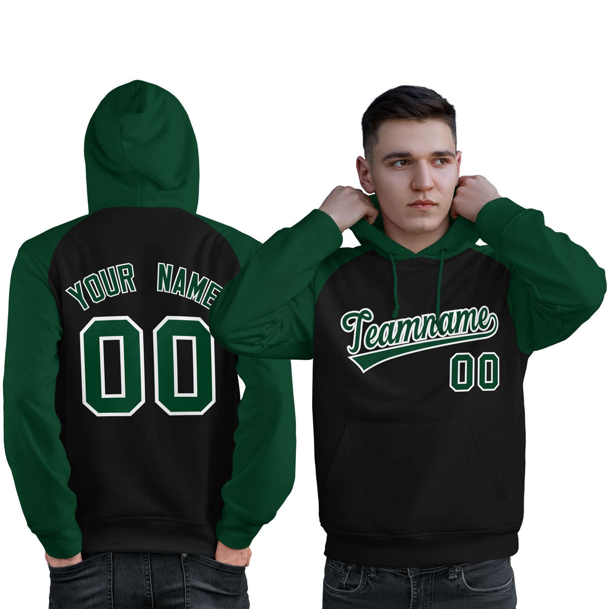 Custom Stitched Black Green Raglan Sleeves Sports Pullover Sweatshirt Hoodie For Men| KXKSHOP