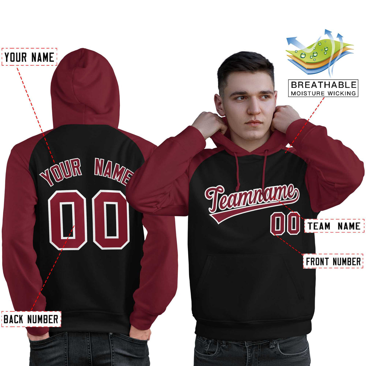 Custom Stitched Black Crimson Raglan Sleeves Sports Pullover Sweatshirt Hoodie For Men| KXKSHOP