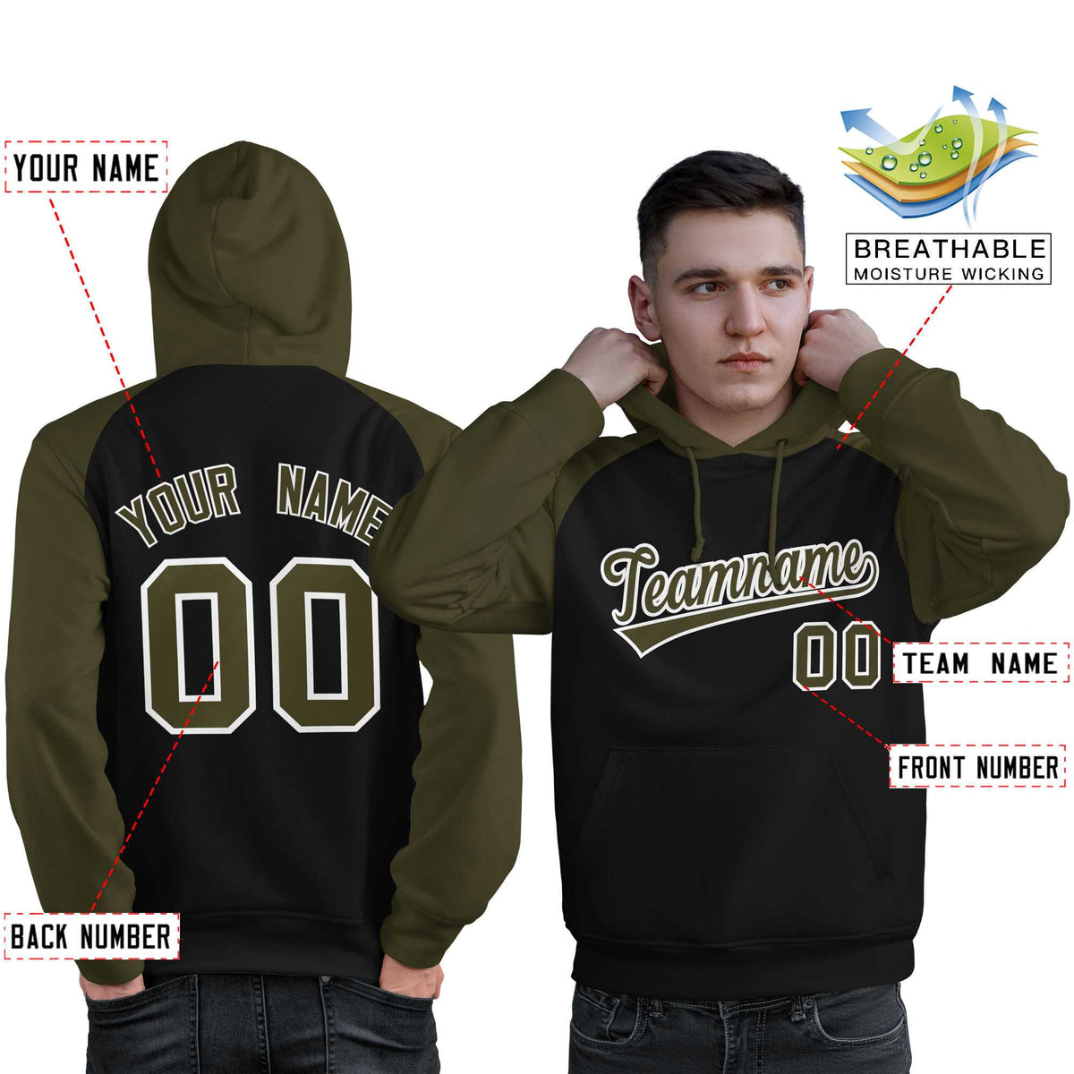 Custom Stitched Black Olive Raglan Sleeves Sports Pullover Sweatshirt Hoodie For Men| KXKSHOP