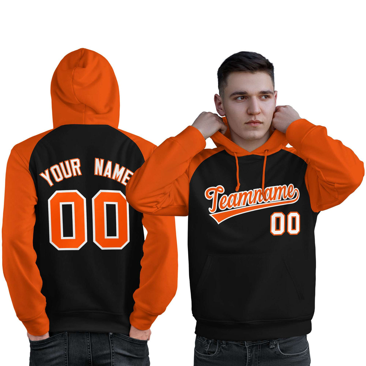 Custom Stitched Black Orange Raglan Sleeves Sports Pullover Sweatshirt Hoodie For Men| KXKSHOP