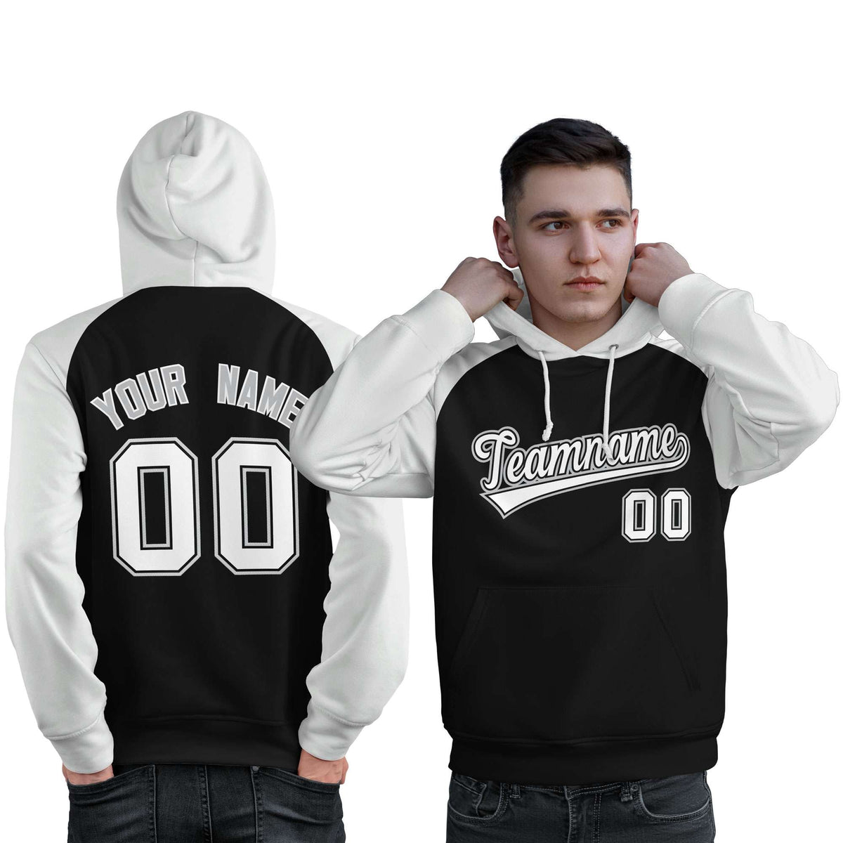 Custom Stitched Black White Raglan Sleeves Sports Pullover Sweatshirt Hoodie For Men| KXKSHOP