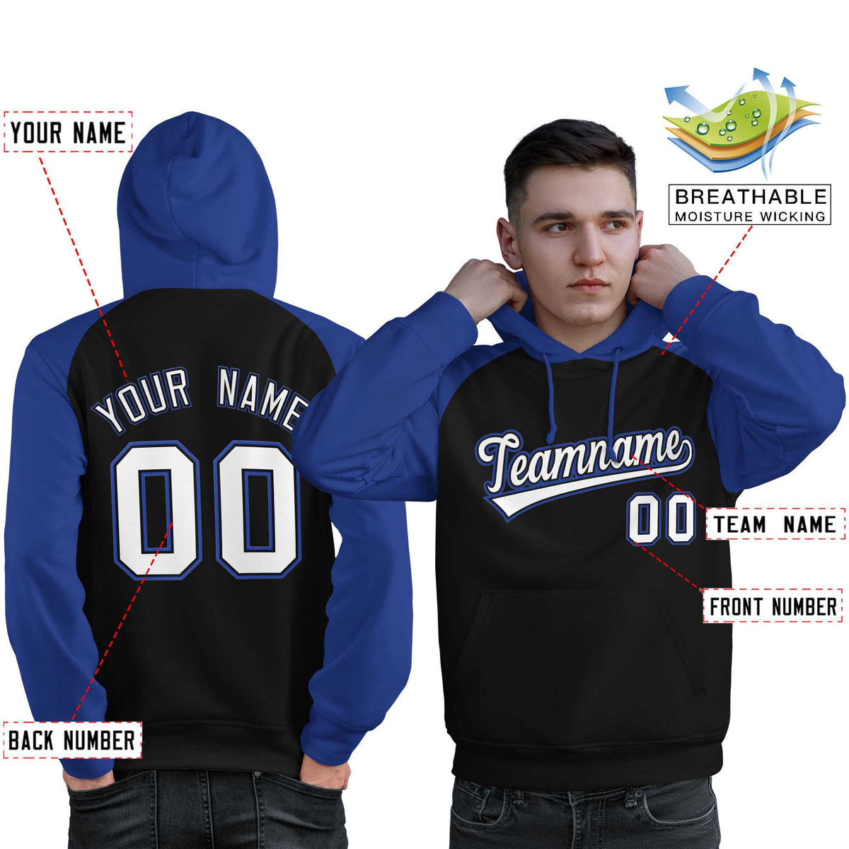 Custom Stitched Black Royal-White Raglan Sleeves Sports Pullover Sweatshirt Hoodie For Men| KXKSHOP