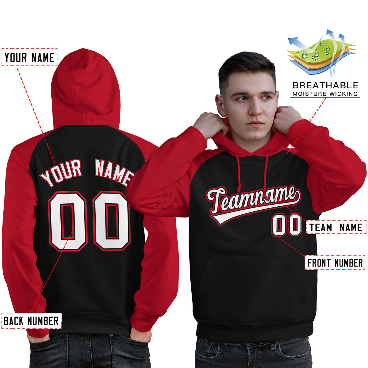 Custom Stitched Black Red-White Raglan Sleeves Sports Pullover Sweatshirt Hoodie For Men| KXKSHOP