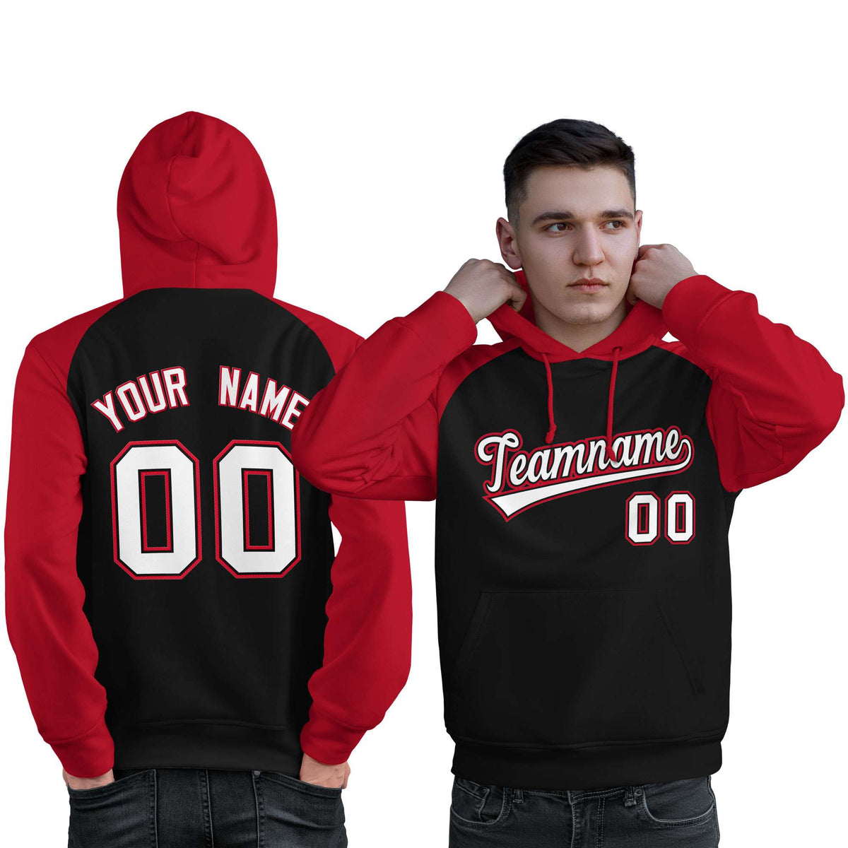 Custom Stitched Black Red-White Raglan Sleeves Sports Pullover Sweatshirt Hoodie For Men| KXKSHOP